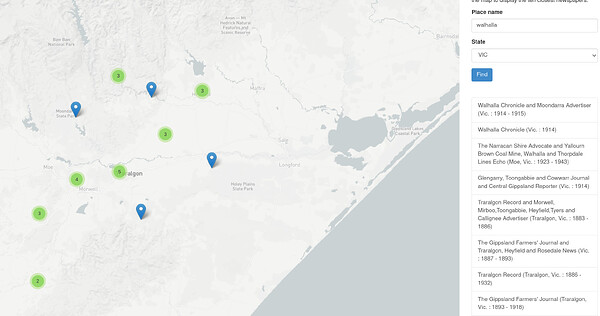 A map section focused on Walhalla in eastern Victoria with markers indicating nearby places where Trove’s digitised newspapers were published. A column on the right lists the newspaper titles.