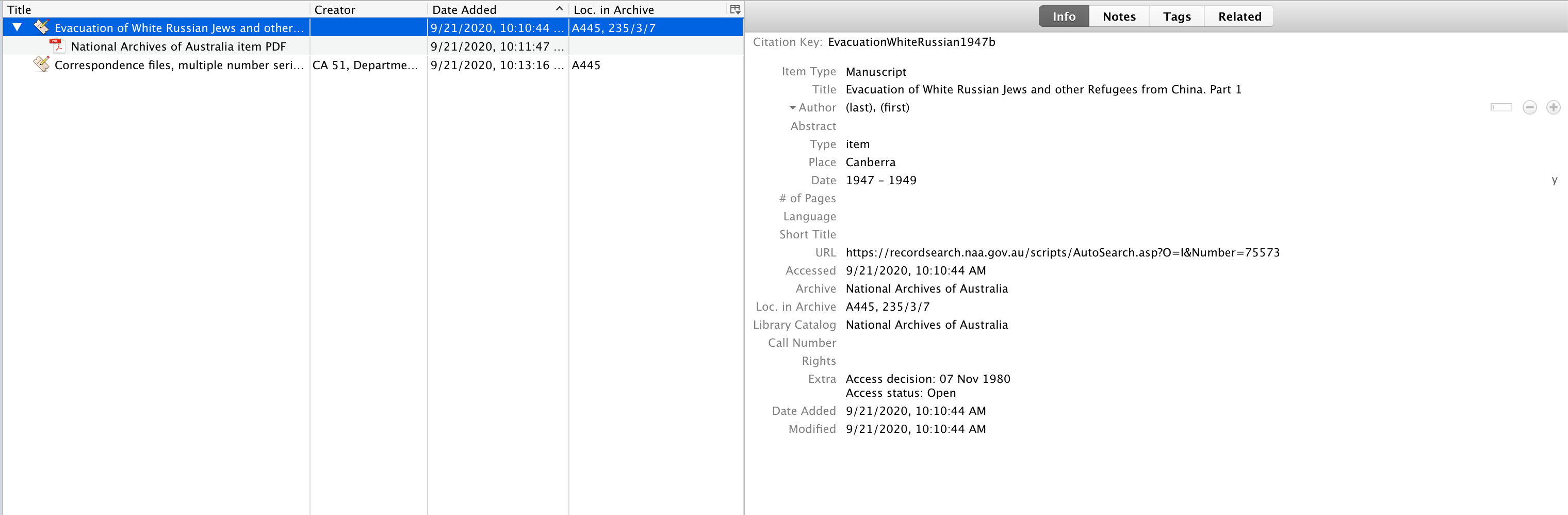 Screenshot of captured item metadata including PDF